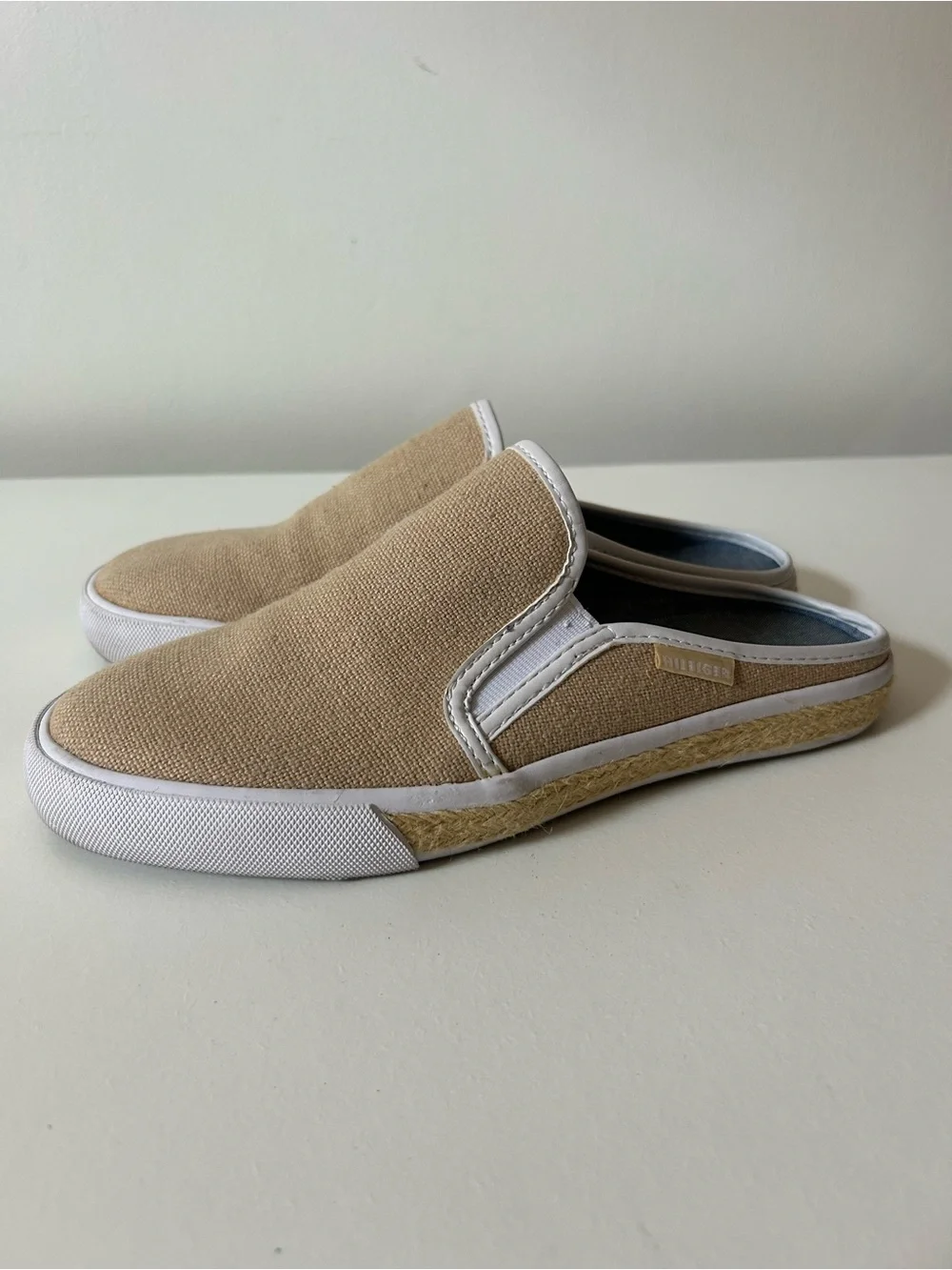 Tommy Hilfiger Tan Canvas Slip-On Mule with White Trim